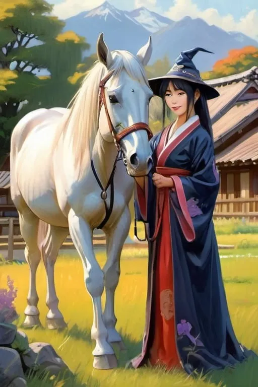 Prompt: Beautiful Japanese medieval witch, grooming horse, meadow, medieval japanse village, cartoony style, extremely detailed painting by Greg Rutkowski and by Henry Justice Ford and by Steve Henderson