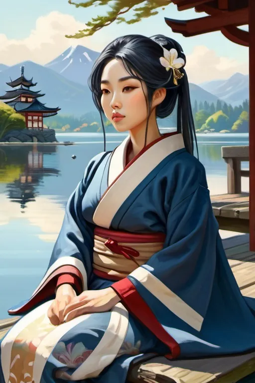 Prompt: Beautiful Japanese medieval woman, relaxes by the lake, cartoony style, laying, extremely detailed painting by Greg Rutkowski and by Henry Justice Ford and by Steve Henderson