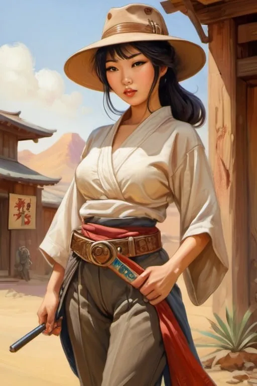 Prompt: Beautiful Japanese medieval woman, cute, desert, wearing indiana jones outfit, pants and shirt, cartoony style, extremely detailed painting by Greg Rutkowski and by Henry Justice Ford and by Steve Henderson