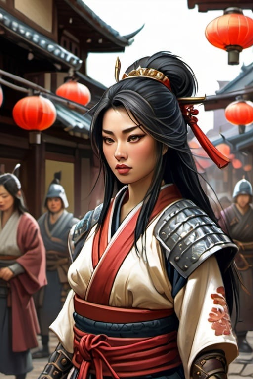 Prompt: Beautiful Japanese warrior woman, standing in medieval japanse city full of people, cartoony style, extremely detailed painting by Greg Rutkowski and by Henry Justice Ford and by Steve Henderson
