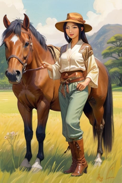 Prompt: Beautiful Japanese medieval woman, cute, with hors friend, on meadow, wearing indiana jones outfit, pants and shirt, cartoony style, extremely detailed painting by Greg Rutkowski and by Henry Justice Ford and by Steve Henderson