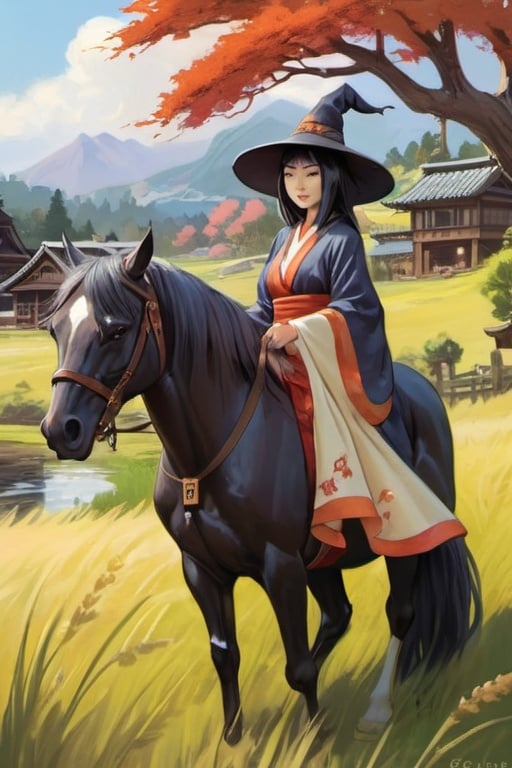 Prompt: Beautiful Japanese medieval witch with horse, meadow, medieval japanse village, cartoony style, extremely detailed painting by Greg Rutkowski and by Henry Justice Ford and by Steve Henderson