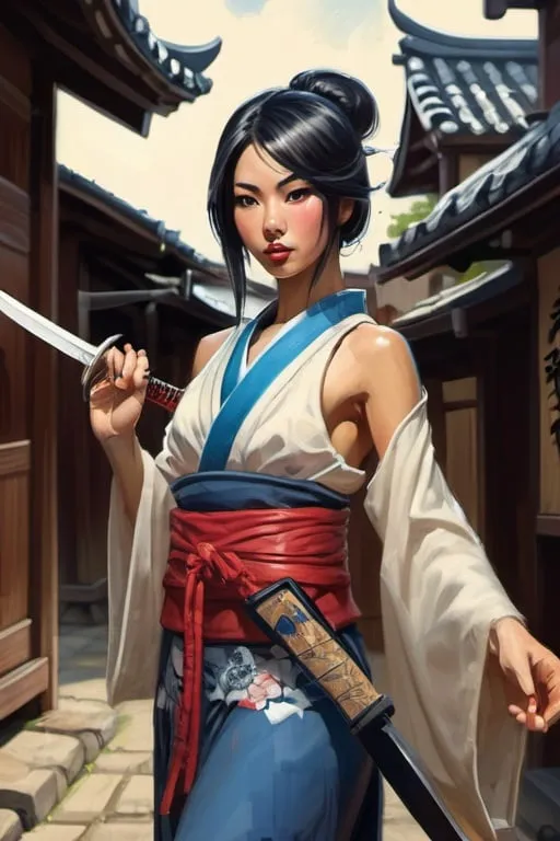 Prompt: Beautiful Japanese assasin woman with dagger, poses in medieval japanse city, cartoony style, extremely detailed painting by Greg Rutkowski and by Henry Justice Ford and by Steve Henderson