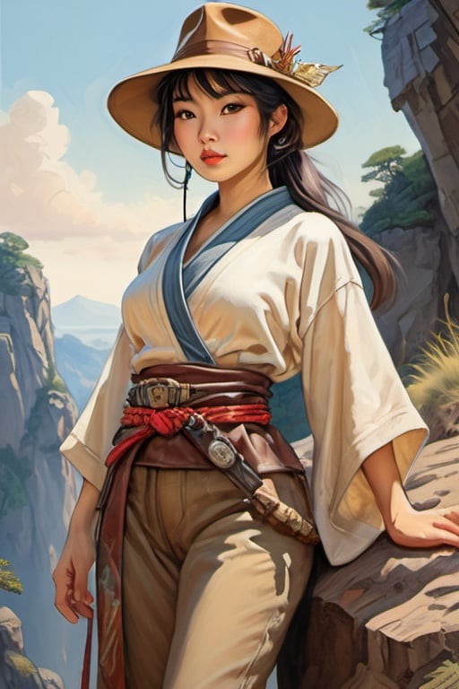 Prompt: Beautiful Japanese medieval woman, cute, on cliff, wearing indiana jones outfit, pants and shirt, cartoony style, extremely detailed painting by Greg Rutkowski and by Henry Justice Ford and by Steve Henderson