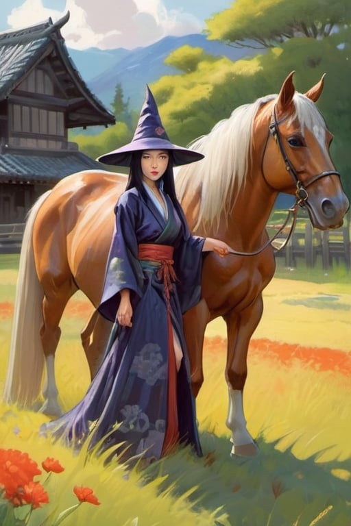 Prompt: Beautiful Japanese medieval witch with horse, meadow, medieval japanse village, cartoony style, extremely detailed painting by Greg Rutkowski and by Henry Justice Ford and by Steve Henderson