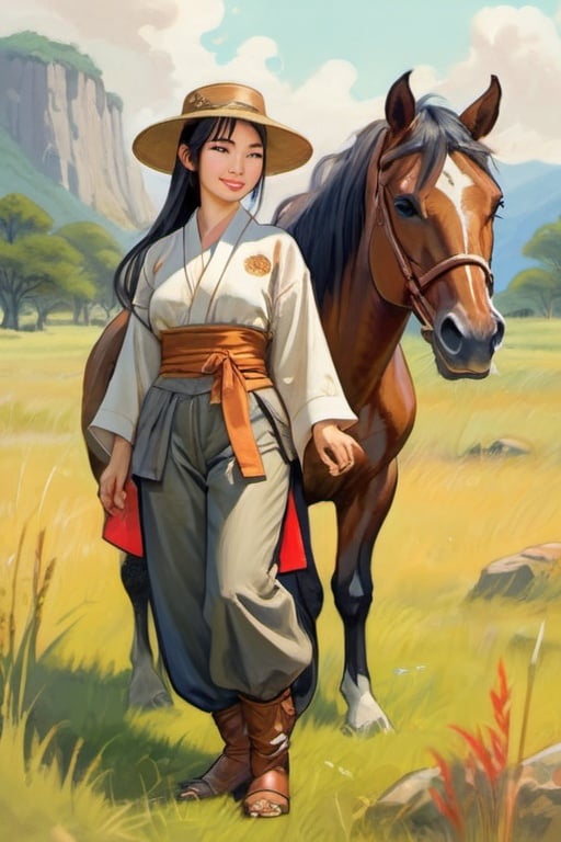 Prompt: Beautiful Japanese medieval woman, cute, with hors friend, on meadow, wearing indiana jones outfit, pants and shirt, cartoony style, extremely detailed painting by Greg Rutkowski and by Henry Justice Ford and by Steve Henderson