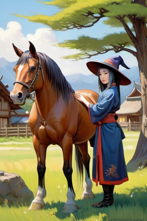 Prompt: Beautiful Japanese medieval witch, grooming horse, meadow, medieval japanse village, cartoony style, extremely detailed painting by Greg Rutkowski and by Henry Justice Ford and by Steve Henderson