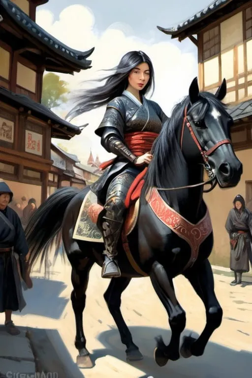Prompt: Beautiful Japanese assasin woman,on black horse, in medieval japanse city full of people, cartoony style, extremely detailed painting by Greg Rutkowski and by Henry Justice Ford and by Steve Henderson