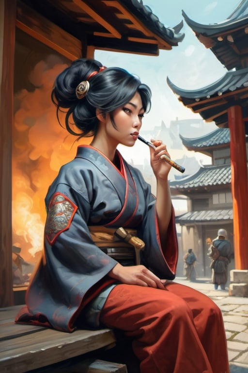 Prompt: Beautiful Japanese warrior woman, sitting in medieval japanse city full of people, smoking pipe, exhales smoke, cartoony style, extremely detailed painting by Greg Rutkowski and by Henry Justice Ford and by Steve Henderson