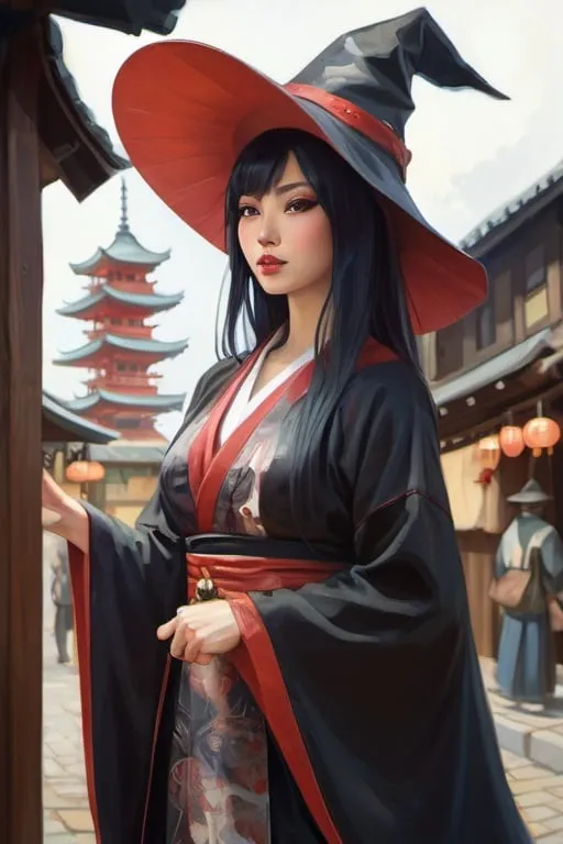 Prompt: Beautiful Japanese medieval witch, wearing witch hat, in medieval japanse city, cartoony style, extremely detailed painting by Greg Rutkowski and by Henry Justice Ford and by Steve Henderson