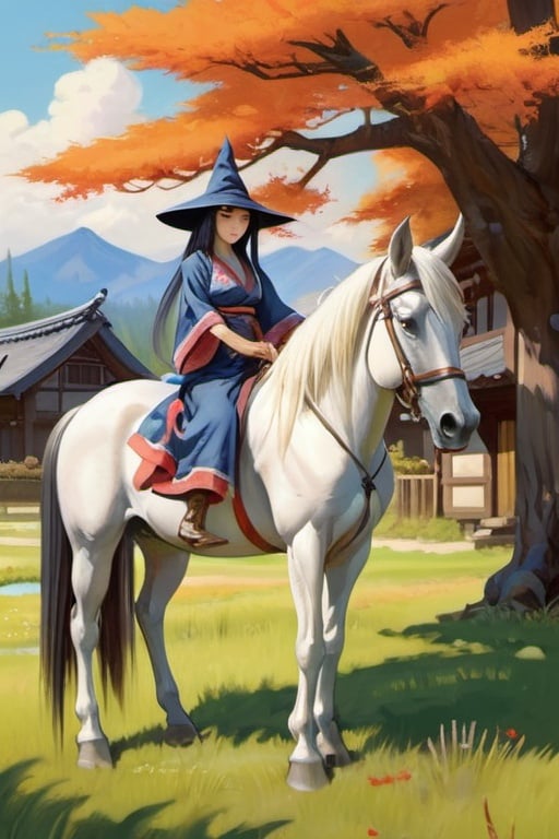 Prompt: Beautiful Japanese medieval witch, grooming horse, meadow, medieval japanse village, cartoony style, extremely detailed painting by Greg Rutkowski and by Henry Justice Ford and by Steve Henderson