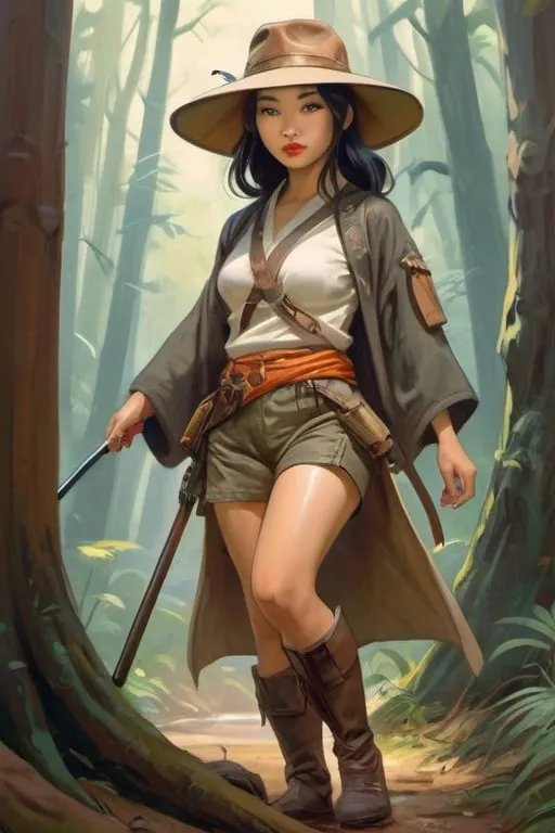 Prompt: Beautiful Japanese medieval woman, cute, hunting in forest, wearing indiana jones outfit, cartoony style, extremely detailed painting by Greg Rutkowski and by Henry Justice Ford and by Steve Henderson