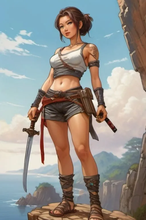 Prompt: Beautiful Japanese medieval woman, cute, stands on a cliff, wearing lara croft outfit, cartoony style, extremely detailed painting by Greg Rutkowski and by Henry Justice Ford and by Steve Henderson