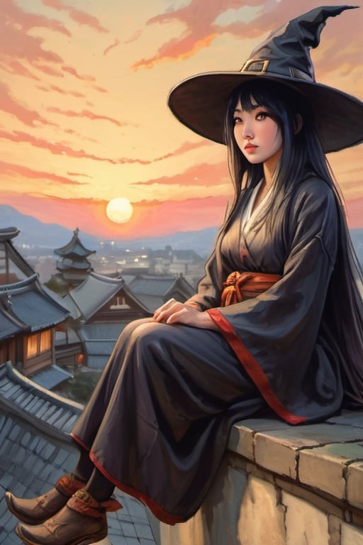 Prompt: Beautiful Japanese medieval witch, wearing witch hat, sitting on the wall in medieval japanse city, watches the sunset, cartoony style, extremely detailed painting by Greg Rutkowski and by Henry Justice Ford and by Steve Henderson