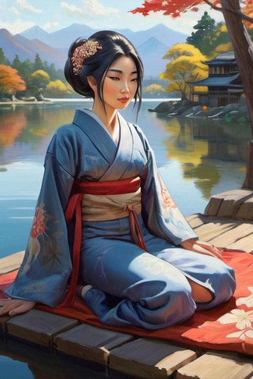 Prompt: Beautiful Japanese medieval woman, relaxes by the lake, cartoony style, laying, extremely detailed painting by Greg Rutkowski and by Henry Justice Ford and by Steve Henderson