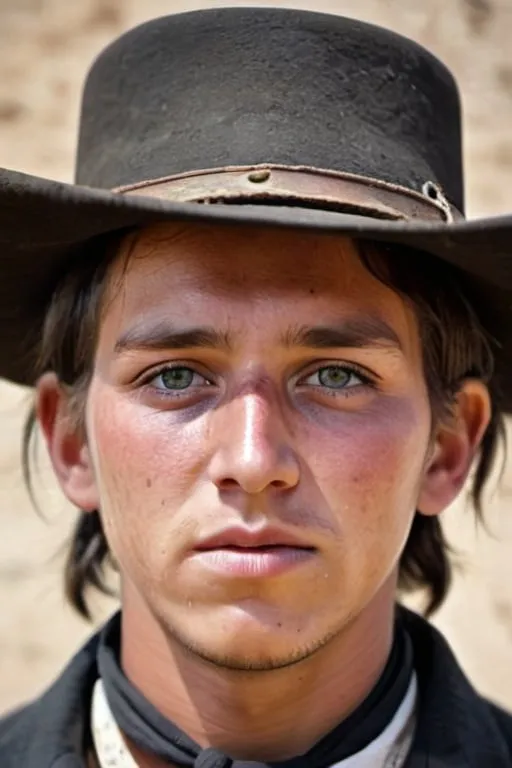 Prompt: take a photo of billy the kid's real face, masterpiece, realistic photo, the photo should look like it was taken in the 21st century, wild west Town 