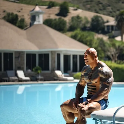 Prompt: dwayne the rock johnson alone at a pool party