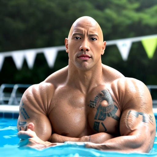 Prompt: dwayne the rock johnson alone at a pool party