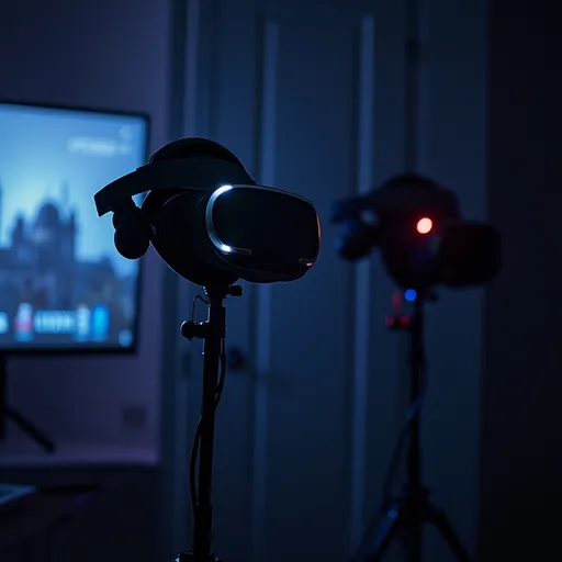 Prompt: 2 vr headset on head level sticks like thew ones to hold up a mic. All in a dim lit room 
