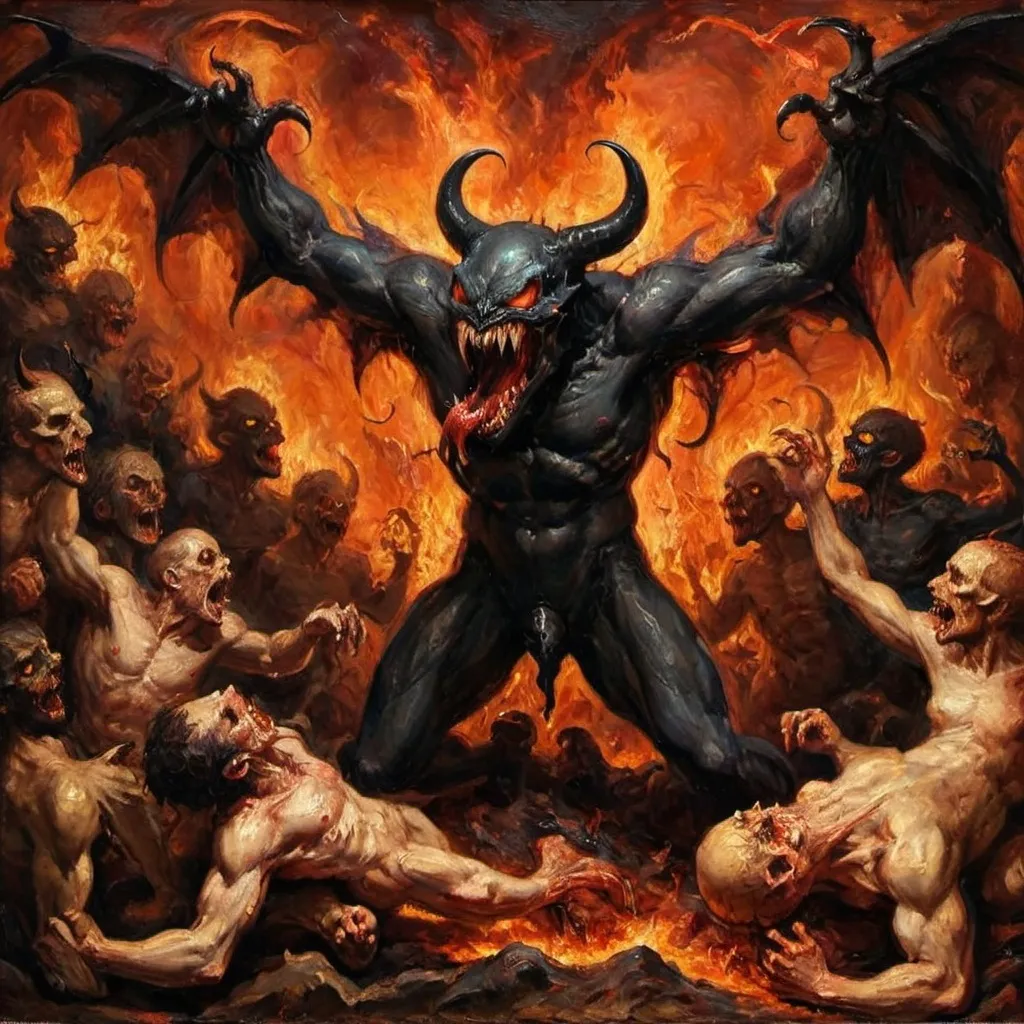 Prompt: Venom but in the form of the devil devouring human souls in hell