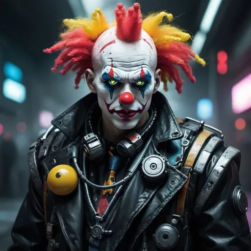 Prompt: badass cyberpunk clowns with really abstract face of cyberwar 