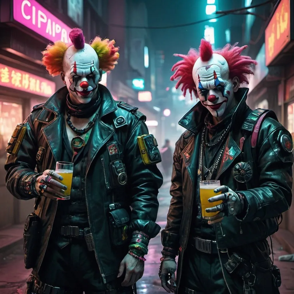 Prompt: cyberpunk clowns in distoping streets some have things in there hands like drinks or guns 