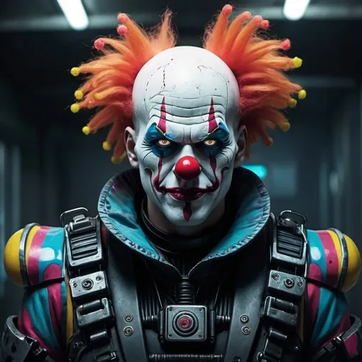 Prompt: badass cyberpunk clowns with really abstract face of cyberwar 