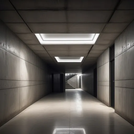 Prompt: very open underground layer well lit with artificial light no windows concrete and metal (mall like in appearance ) halls and door ways living room area 