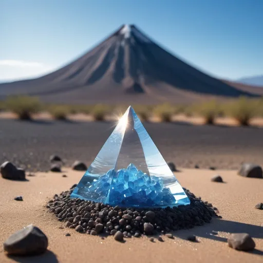 Prompt: Behind the desert, a volcano erupts, and small blue crystals are sparsely scattered on the ground. A shining and magnificent triangular crystal stands out at the forefront.