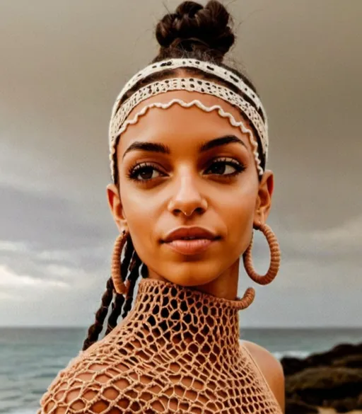 Prompt: A 5 foot 2 inches black light skinned lady with short shoulder bob black hair, small dark brown eyes, two nose rings on the left side of the nose one light pink and the other one silver, sorbet-pink colour lips with gloss, with beauty spot next to eyebrow, wearing beige crochet Beach dress and hippie accessories, with black hair and brown braids 