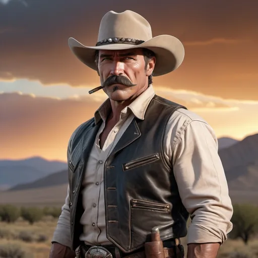 Prompt: A  black and gray leatherd clothed cowboy,muscled cigar smoking aficionado  dad, w.ith a burley mustache ,trimmed beard ,green eyes,,gunslinger  bounty hunter