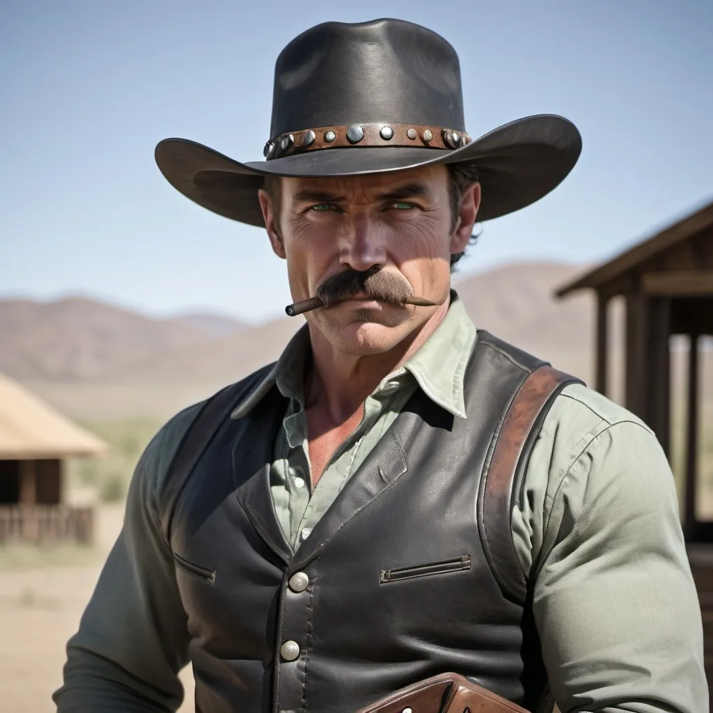 Prompt: A  black and gray leatherd clothed cowboy,muscled cigar smoking aficionado  dad, w.ith a burley mustache ,trimmed beard ,green eyes,,gunslinger  bounty hunter