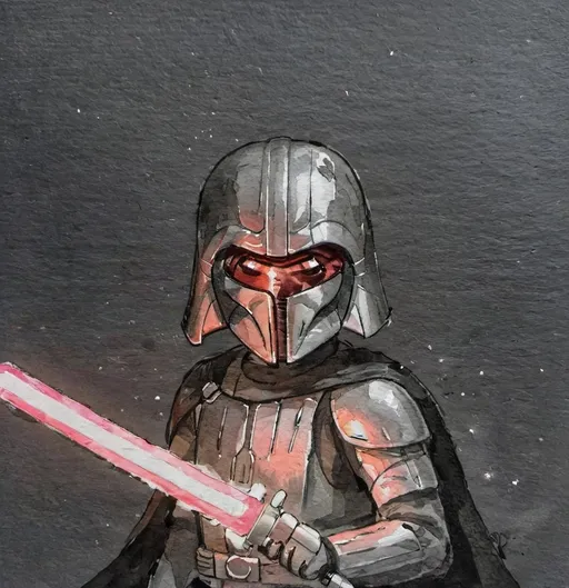 Prompt: a star wars character named Darth Revan with a red light saber in his hand and a helmet on his head, in a dark background, Edward George Handel Lucas, antipodeans, solo, concept art