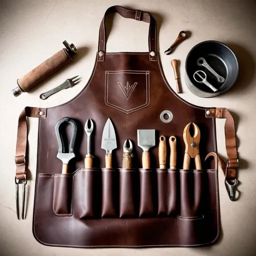 Prompt: Car Macakanick leather apron  with tools