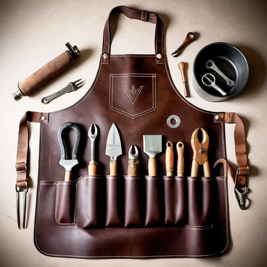 Prompt: Car Macakanick leather apron  with tools