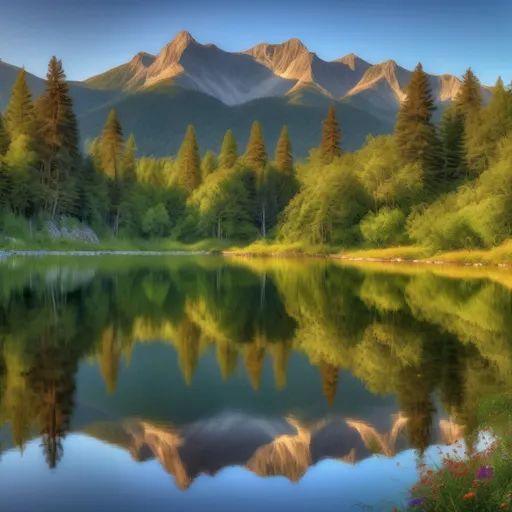 Prompt: Stunning panoramic view of a serene landscape, featuring a tranquil lake surrounded by lush green forests, majestic mountains towering in the background, and clear blue skies. The reflection of the mountains is perfectly mirrored in the calm water, with vibrant wildflowers blooming at the shore. Sunlight filters through the trees, creating a peaceful, warm atmosphere. A light breeze rustles the leaves, adding movement to the otherwise still scene. Captured in 4K resolution with a wide-angle lens to highlight the vastness and beauty of the scene, focusing on natural elements like trees, water, and distant peaks