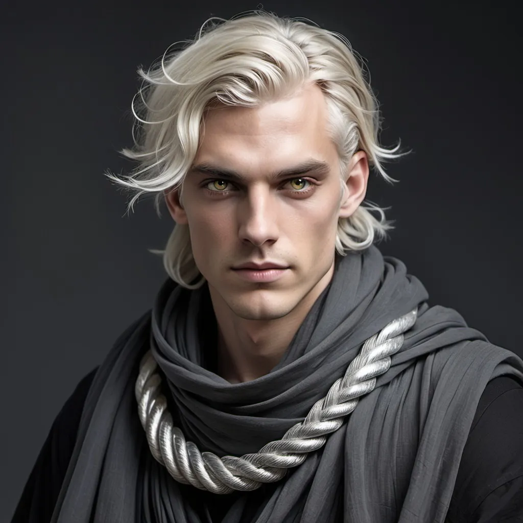 Prompt: celestial human male with silver blonde hair, amber eyes, wearing an oversized dark grey shawl tied with a silver rope belt

