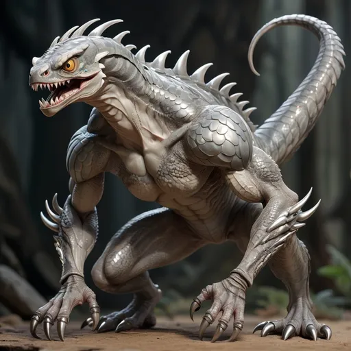 Prompt: muscled silver scaly bipedal creature with long arms and claws