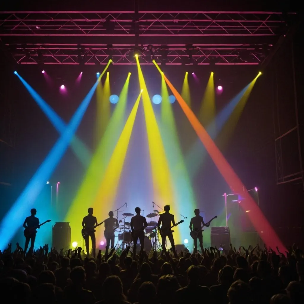 Prompt: Silhouette of band members on a stage with coloured laser lights beaming down into a crowd 