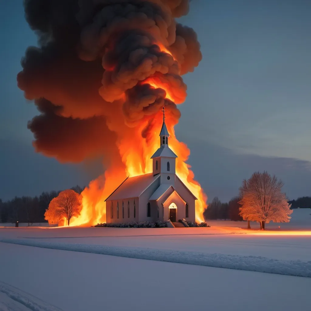 Prompt: A church in a field of snow on fire