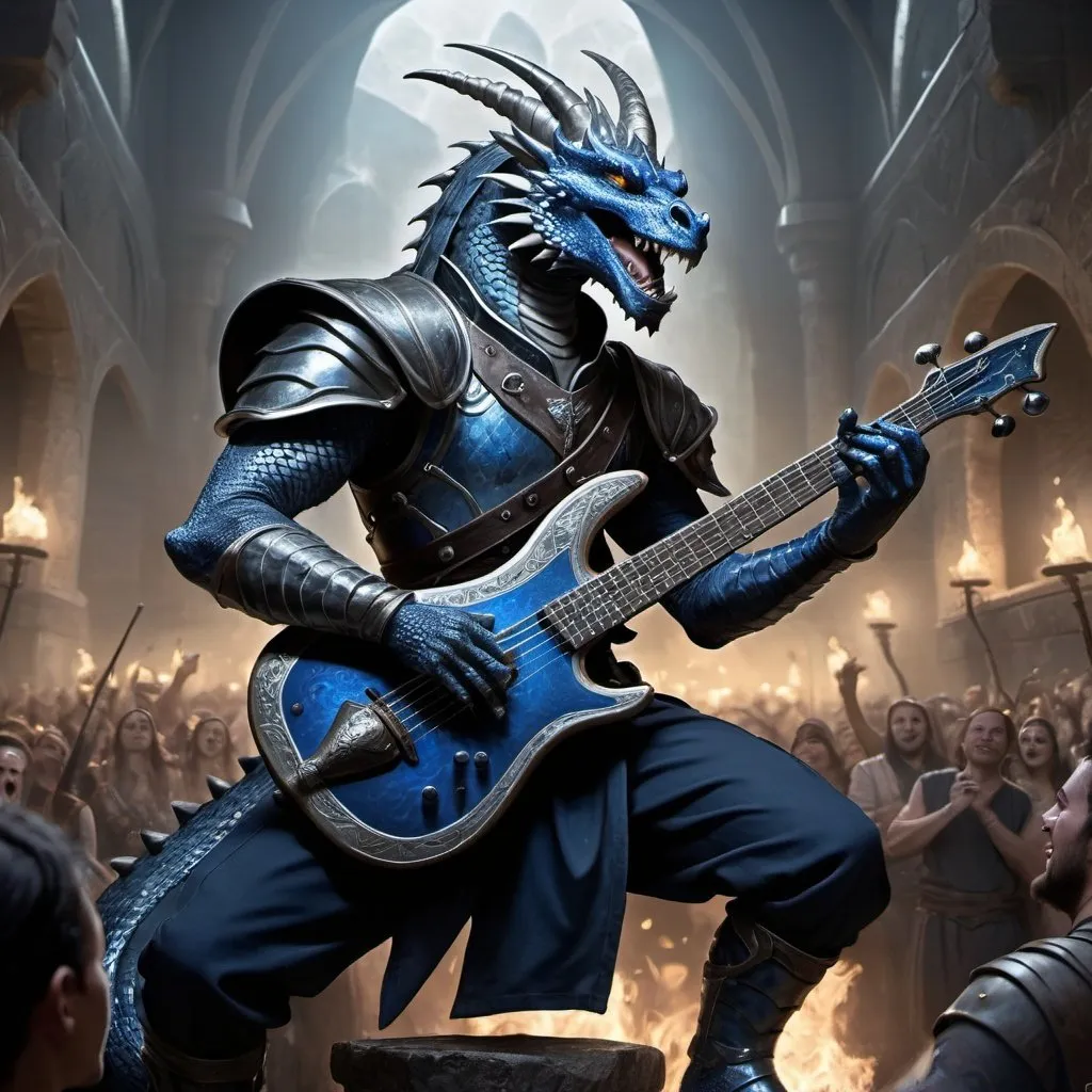 Prompt: Athletic blue dragonborn playing metal riff on fantasy lute, silver snake eyes, back swept horns, black arabian trousers, magical soundwaves, cheering crowd of humans and fantasy beings, highres, detailed, fantasy, metallic tones, magical lighting, dynamic composition, fantasy setting, epic atmosphere, detailed scales, intense gaze