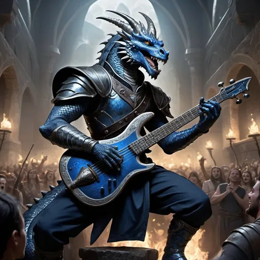 Prompt: Athletic blue dragonborn playing metal riff on fantasy lute, silver snake eyes, back swept horns, black arabian trousers, magical soundwaves, cheering crowd of humans and fantasy beings, highres, detailed, fantasy, metallic tones, magical lighting, dynamic composition, fantasy setting, epic atmosphere, detailed scales, intense gaze