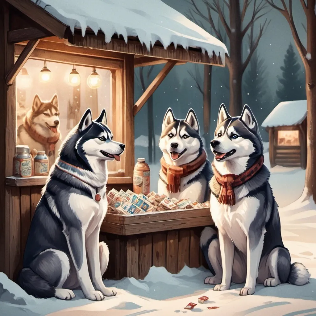 Prompt: Huskies selling lottery tickets, hand-drawn illustration on textured paper, cozy winter setting, warm and inviting atmosphere, detailed fur with natural textures, friendly expressions, vintage wooden stall, snowy landscape, nostalgic color palette, high quality, hand-drawn, cozy, winter, detailed fur, vintage, snowy, inviting, warm lighting