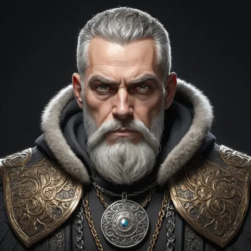 Prompt: A portrait of a very smart, wise man with a mighty and badass look. He has a thick, silver beard and sharp, piercing eyes that convey both intelligence and strength. His facial expression is stern yet thoughtful, showing deep wisdom and authority. He wears a dark, ornate cloak with intricate patterns, and a medallion hangs around his neck. His muscular build is evident beneath his clothing, giving him a powerful presence. with no background