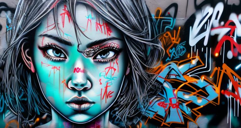 Prompt: young female portrait| centered| key visual| intricate| highly detailed| in the graffiti style of street art| vibrant| comprehensive cinematic| 