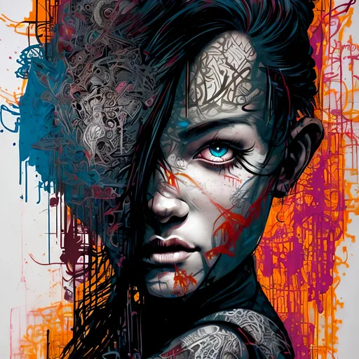 Prompt: strong warrior princess| centered| key visual| intricate| highly detailed| in the graffiti style of street art| vibrant| comprehensive cinematic| 