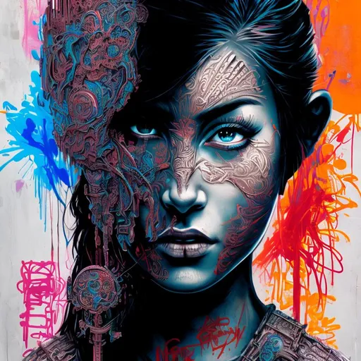 Prompt: strong warrior princess| centered| key visual| intricate| highly detailed| in the graffiti style of street art| vibrant| comprehensive cinematic| 