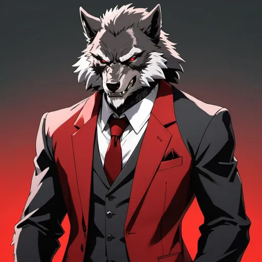 Prompt: Wolfman anime wearing suit color red and black

