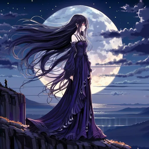 Prompt: Illustrate a breathtaking dark fantasy anime girl standing on the edge of a cliff under a moonlit sky. Her long, silken hair flows like a cascade of midnight, highlighted with streaks of silver that catch the moonlight. Her eyes are a mesmerizing, deep violet, with a hauntingly beautiful glow that reflects both wisdom and melancholy. She wears an elegant, gothic-inspired dress adorned with delicate lace and dark gemstones that sparkle subtly. The dress has a high collar and flowing sleeves that resemble the wings of a raven. In her hand, she holds a mystical staff topped with a crystal that pulses with an inner light. The background features a vast, starry sky and a dark, turbulent ocean far below, with shadowy figures of mythical creatures swirling in the mists. The scene should exude an aura of enchantment and mystery, capturing the ethereal beauty of the anime girl within the haunting allure of a dark fantasy world.<mymodel>