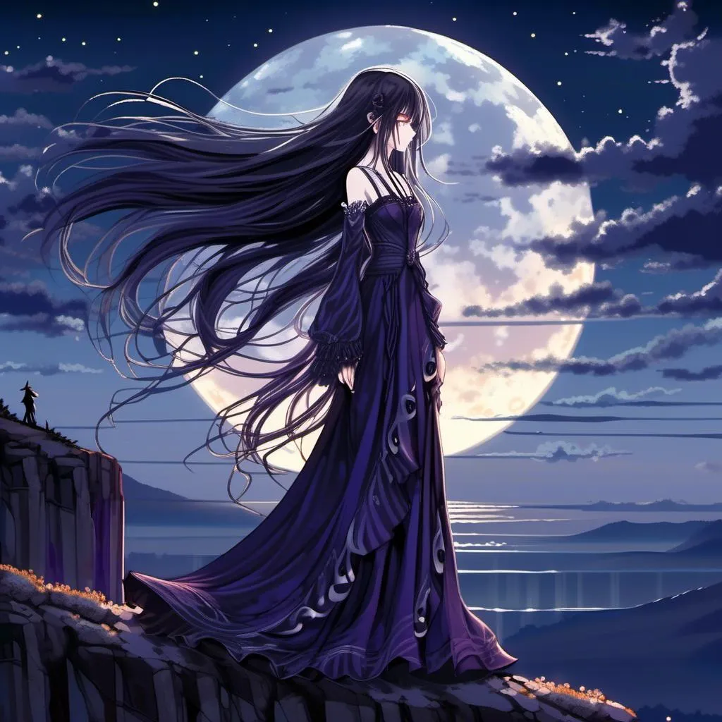 Illustrate a breathtaking dark fantasy anime girl st...